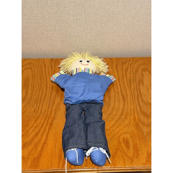 Other - Vintage Handcrafted Boy Rag Doll Blonde Yarn Hair Denim Pants Blue Shirt